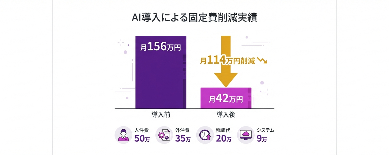AI導入による固定費削減実績グラフ:月156万円から42万円へ、月114万円削減