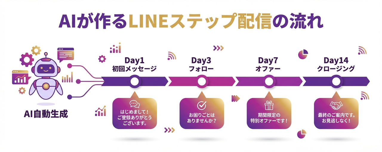 AIが作るLINEステップ配信の流れ：Day1からDay14までの自動配信フロー