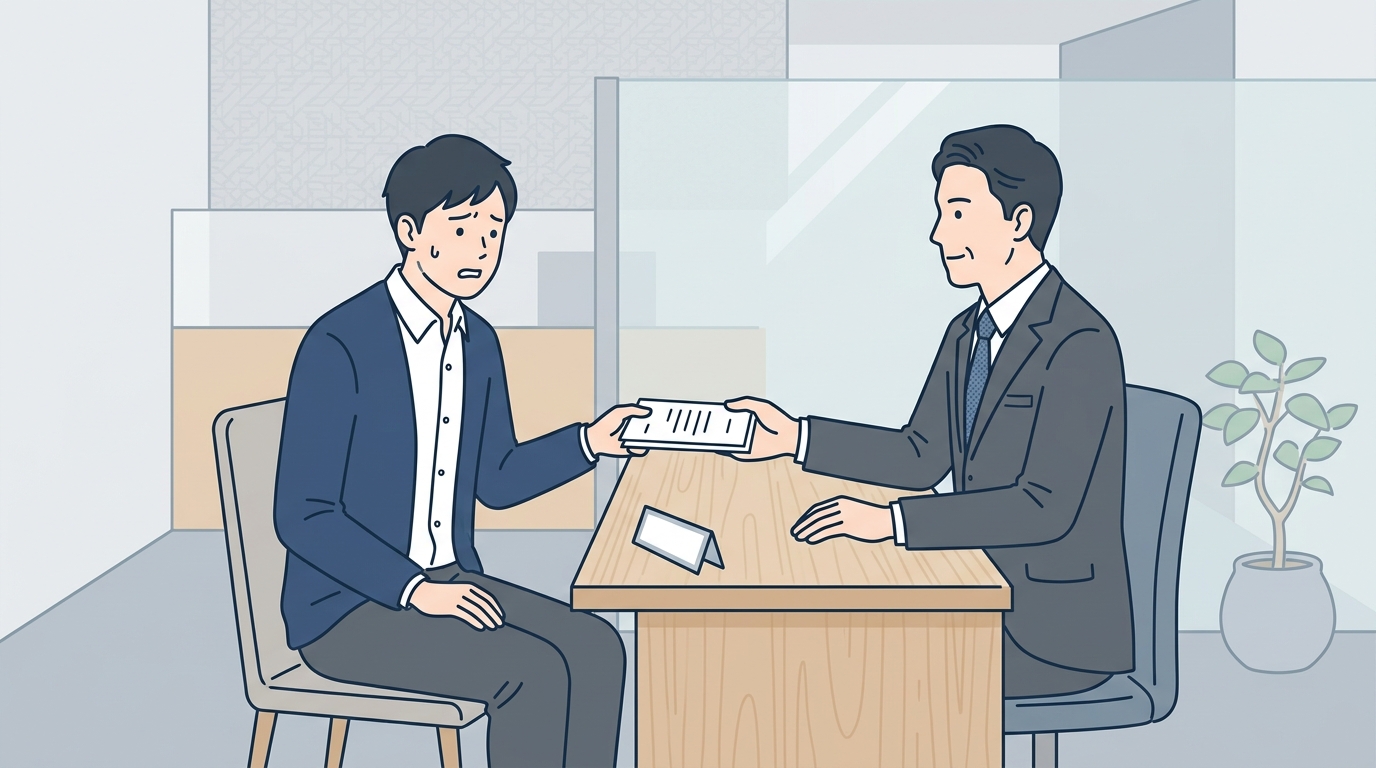 創業融資の銀行窓口で緊張する起業家のイラスト