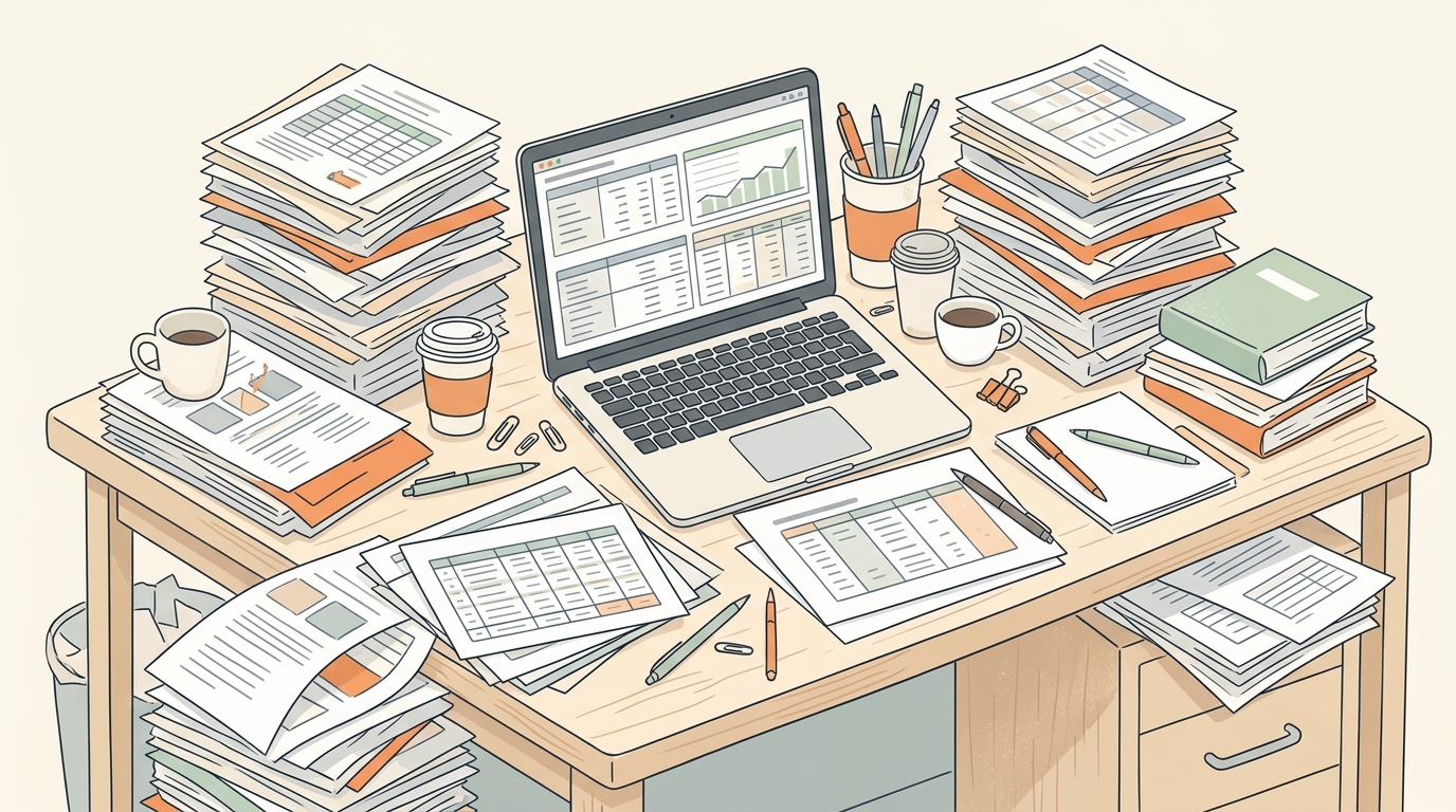 創業融資の事業計画書と書類の山に埋もれたデスク