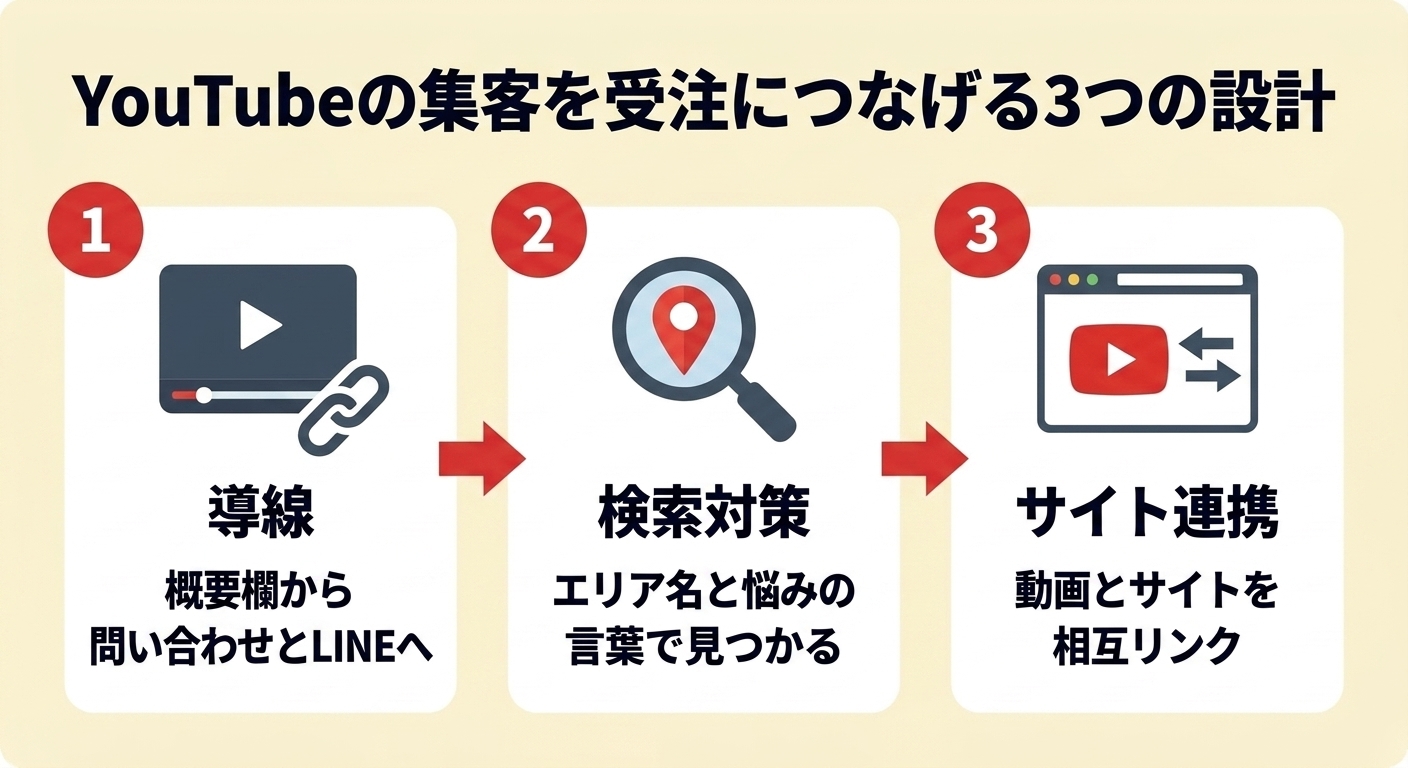 建築会社のYouTube集客を受注に繋げる3つの設計の図解