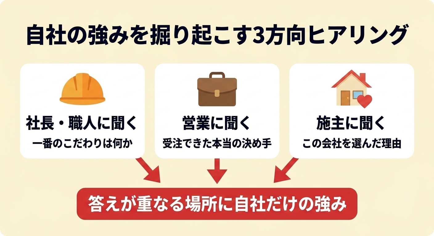 建築会社のYouTube集客に効く強みの掘り起こし3方向ヒアリングの図解